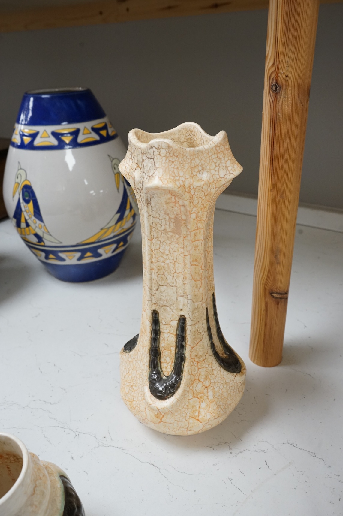 Four vases and a comport, Czech Ditmar Urbach glazed pottery, comport 20cm diameter
